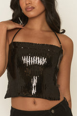 Black Sequin Cowl Halterneck Crop Top - Bleona