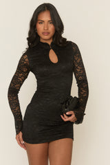 Black Lace High Neck Mini Dress - Alissa