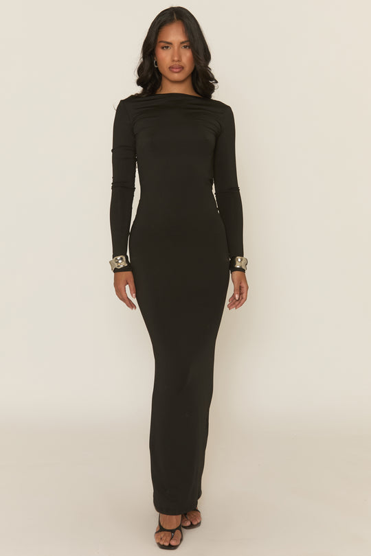 Black Low Back Ruched Maxi Dress - Marlea