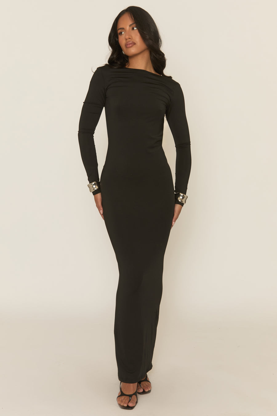 Black Low Back Ruched Maxi Dress - Marlea