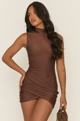 Chocolate Wrap Front Mini Dress - Shaya