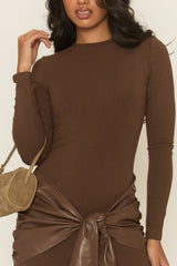 Chocolate Brown Faux Leather Wrap Mini Dress - Annalise