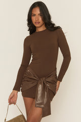 Chocolate Brown Faux Leather Wrap Mini Dress - Annalise