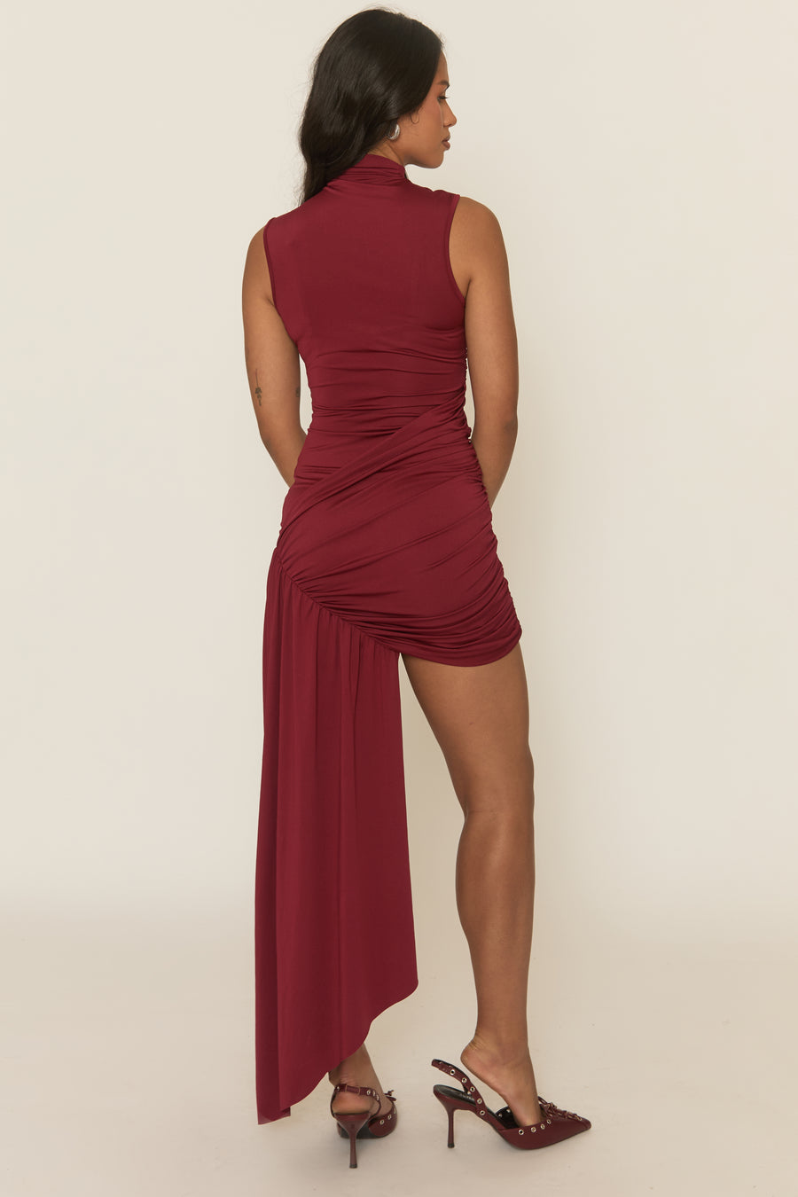 Wine Draped Asymmetric Mini Dress - Esha