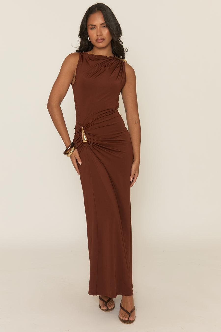 Chocolate Gold Trim Maxi Dress - Tonya