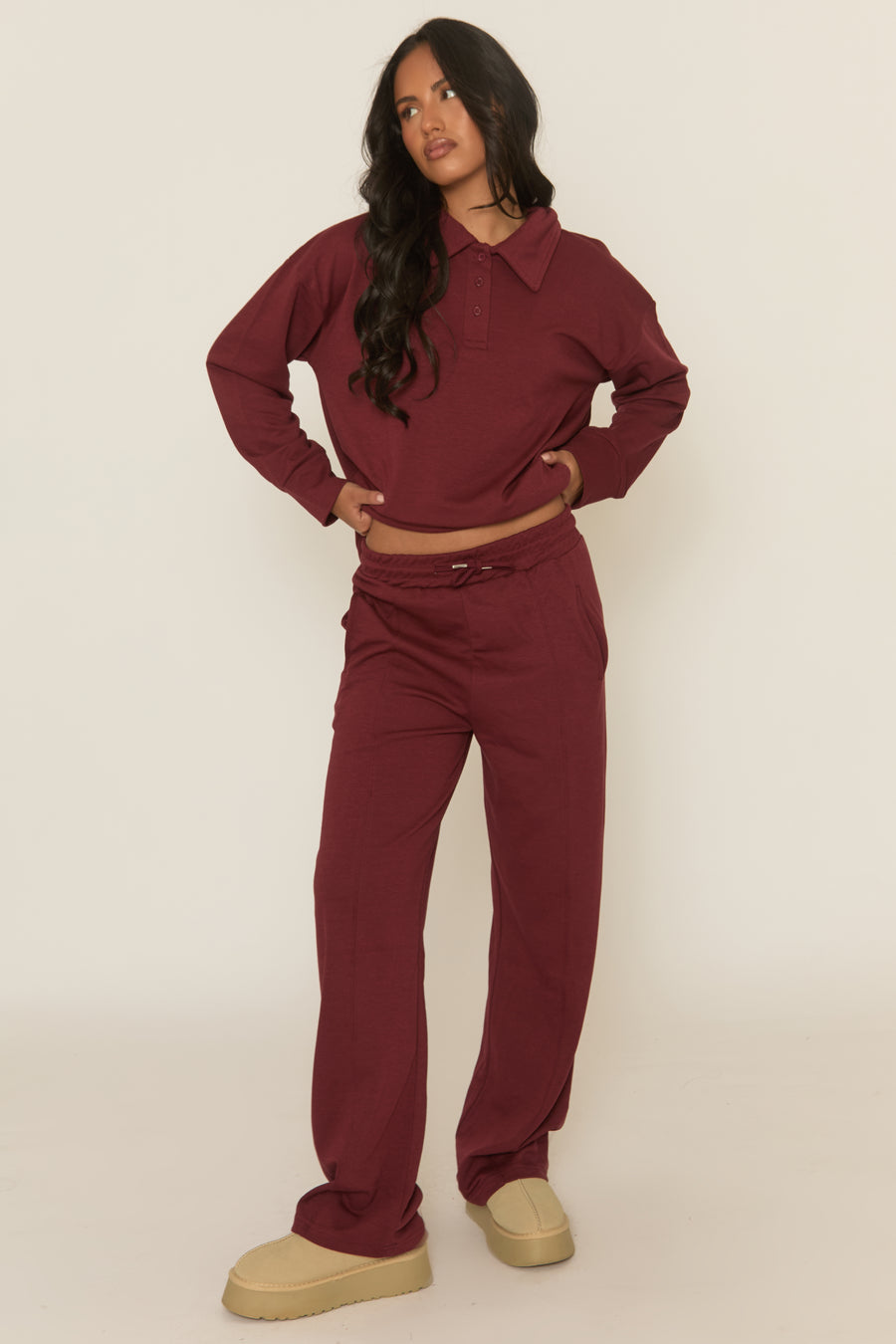 Wine Polo Collared Loungewear Co-ord Set - Madisyn