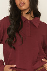 Wine Polo Collared Loungewear Set - Madisyn