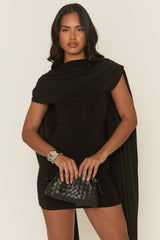 Black Gathered Cape Mini Dress - Miyar