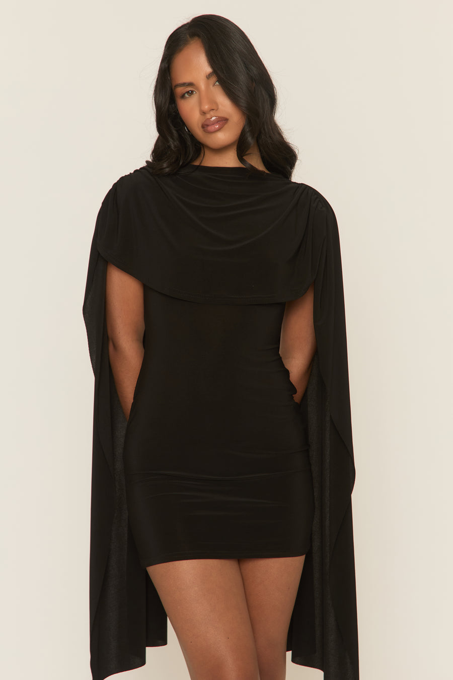 Black Gathered Cape Mini Dress - Miyar