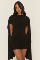 Black Gathered Cape Mini Dress - Miyar