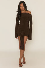 Chocolate Long Flared Sleeves Drape Detail Bodycon Mini Dress - Maya