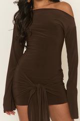 Chocolate Long Flared Sleeves Drape Detail Bodycon Mini Dress - Maya