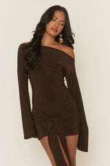 Chocolate Long Flared Sleeves Drape Detail Bodycon Mini Dress - Maya