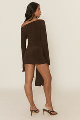 Chocolate Long Flared Sleeves Drape Detail Bodycon Mini Dress - Maya