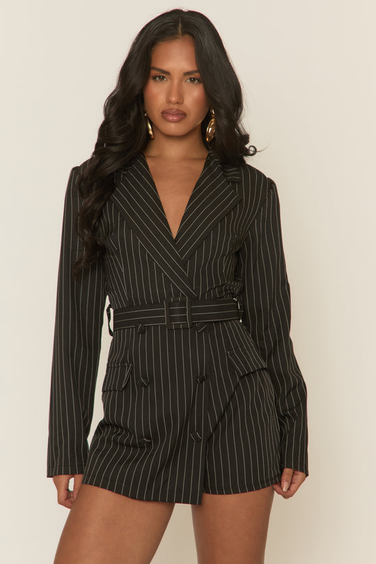 Black Tailored Pinstripe Blazer Playsuit - Lillan