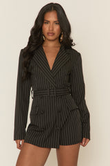 Black Tailored Pinstripe Blazer Playsuit - Lillan
