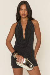Black Glitter Cowl Halterneck Mini Dress - Arlinda
