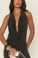 Black Glitter Cowl Halterneck Mini Dress - Arlinda