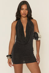 Black Glitter Cowl Halterneck Mini Dress - Arlinda