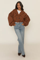 Brown Wool Look Double Breasted Cropped Trench Coat - Sharlina