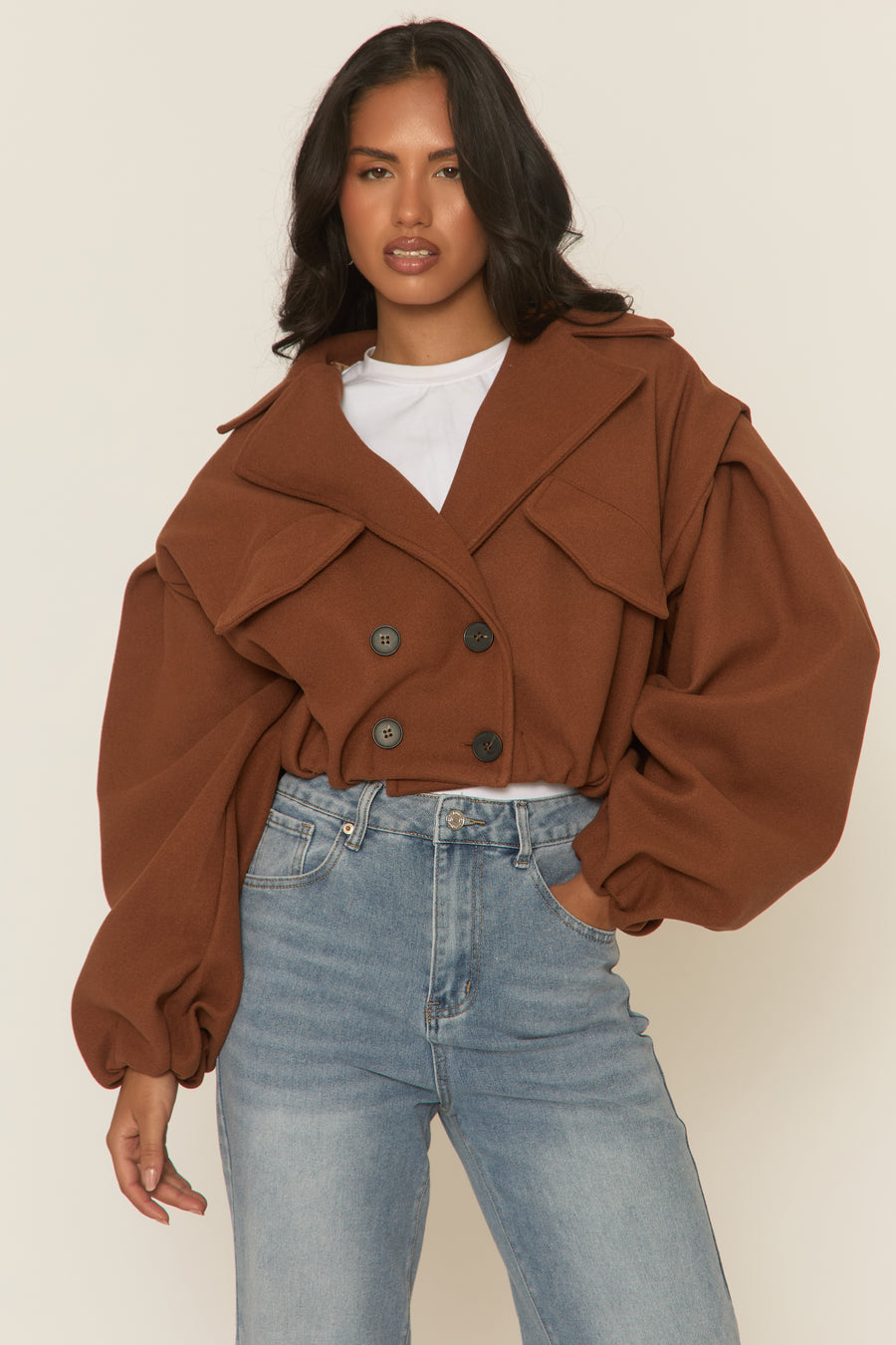 Brown Wool Look Double Breasted Cropped Trench Coat - Sharlina
