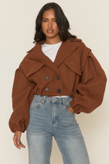 Brown Wool Look Double Breasted Cropped Trench Coat - Sharlina