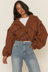 Brown Wool Look Double Breasted Cropped Trench Coat - Sharlina