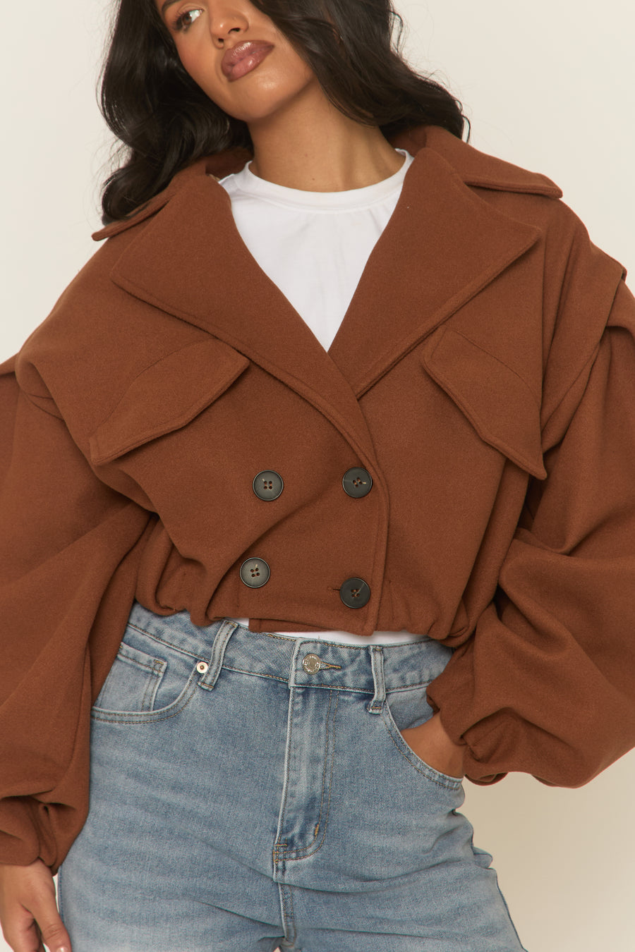 Brown Wool Look Double Breasted Cropped Trench Coat - Sharlina