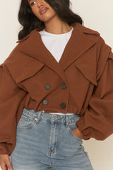 Brown Wool Look Double Breasted Cropped Trench Coat - Sharlina