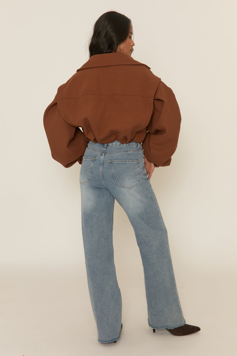 Brown Wool Look Double Breasted Cropped Trench Coat - Sharlina