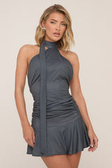 Blue Striped Halter Neck Mini Dress - Cailin