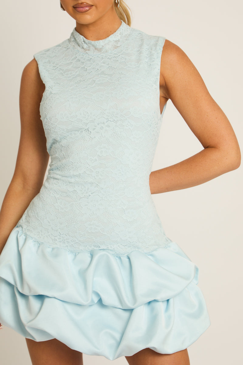 Blue Lace Puffball Hem Dress - Tanya