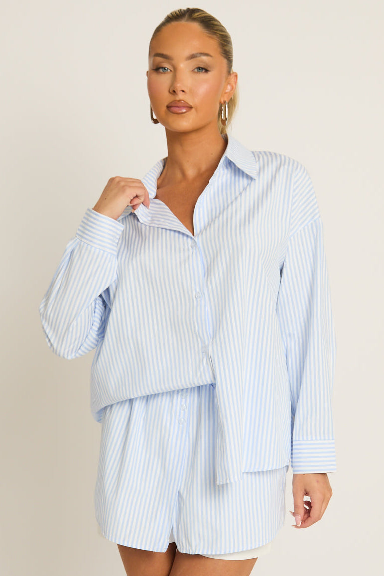 Blue Stripe Button Up Shirt and Shorts Co-ord Set - Kennedy