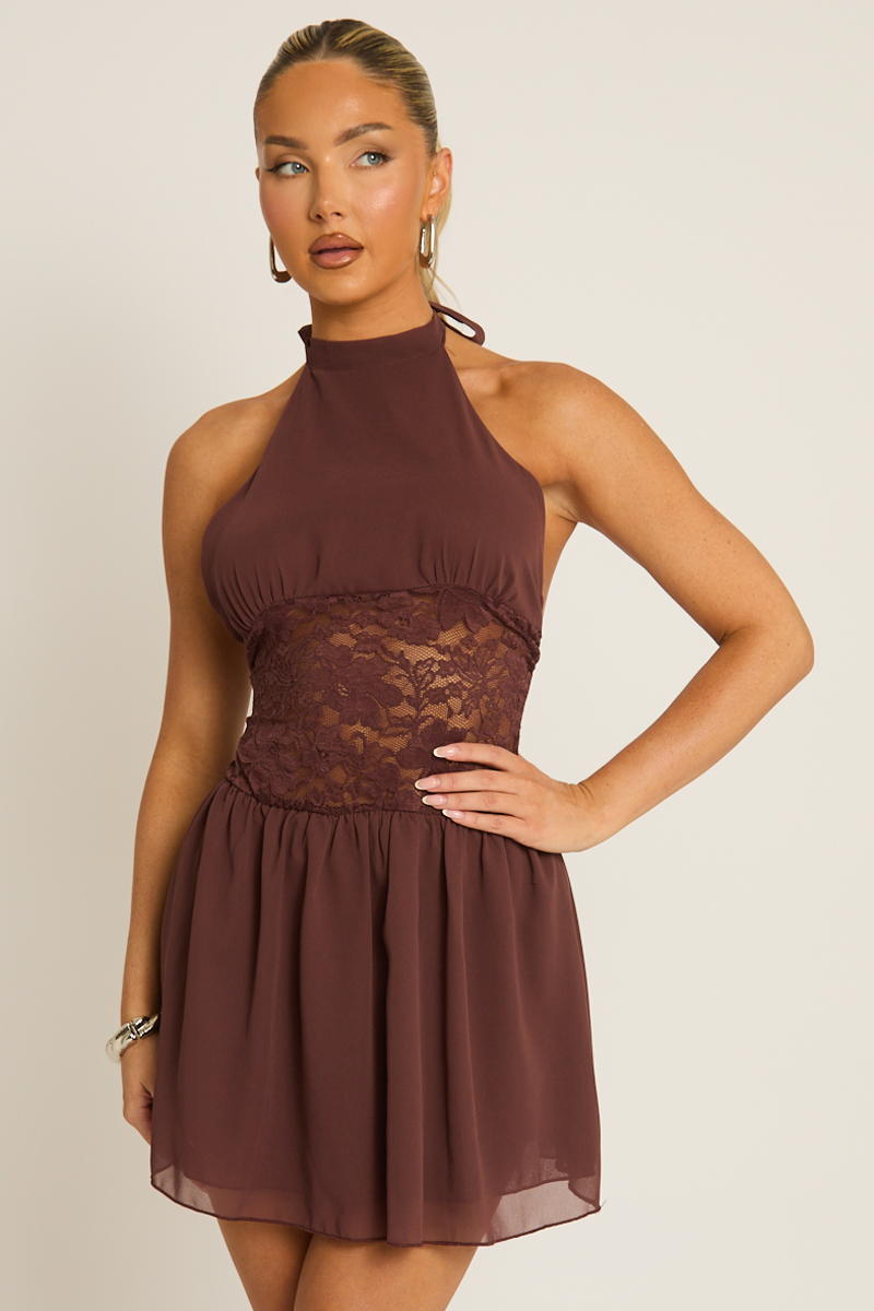 Brown Lace Insert Halter Skater Dress - Sofia