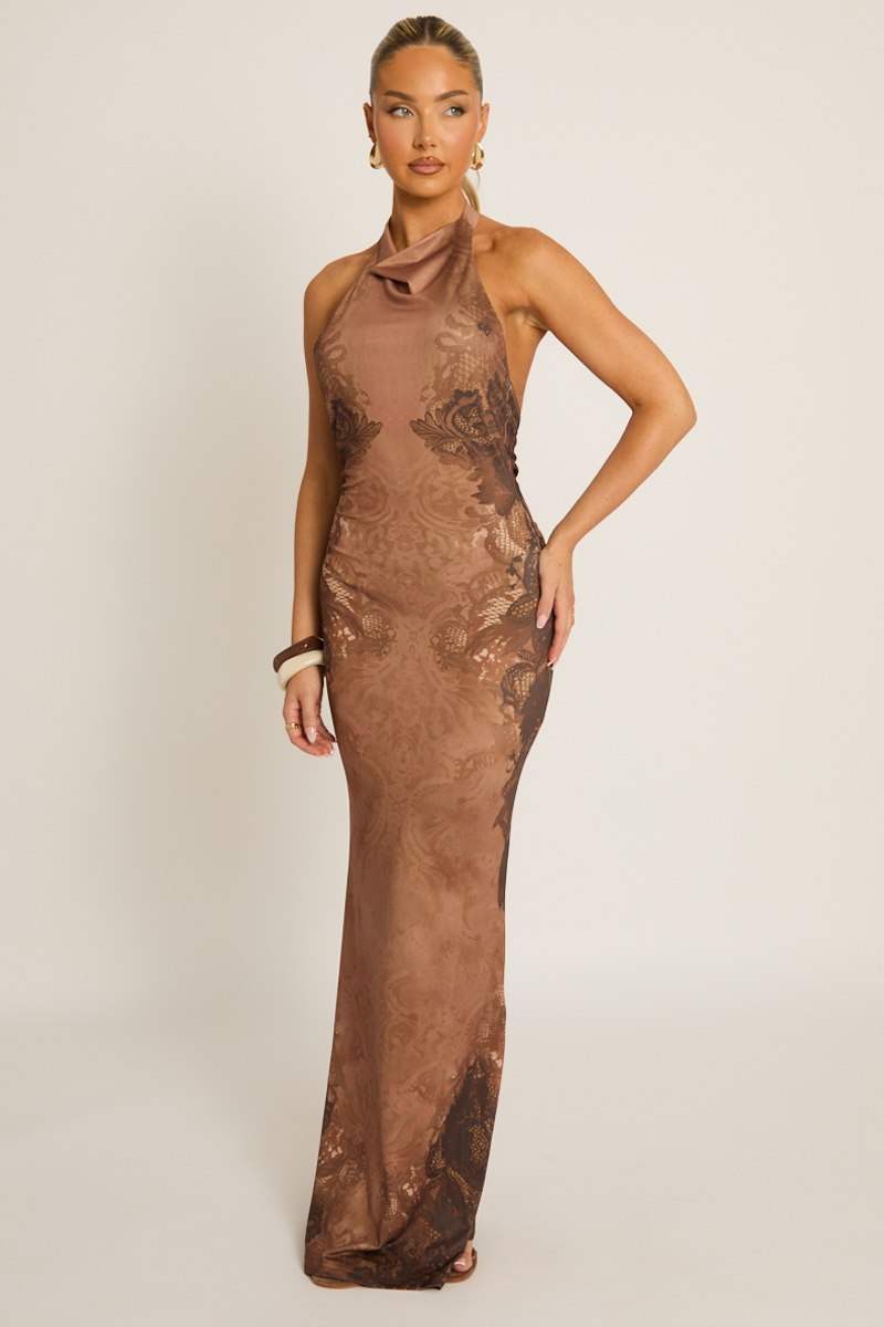 Brown Printed Cowl Halter Maxi Dress - Erin
