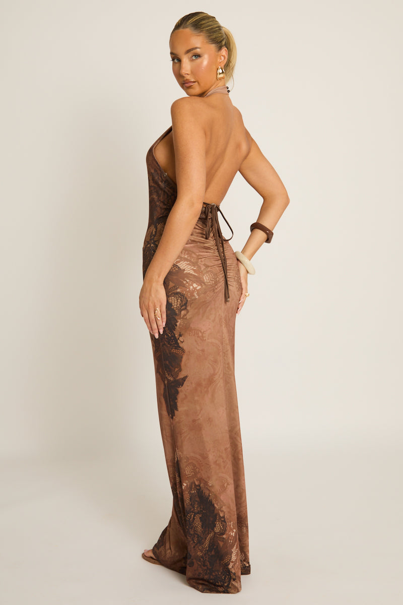 Brown Printed Cowl Halter Maxi Dress - Erin