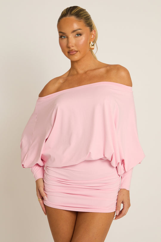 Pink Batwing Bardot Mini Dress - Clarice