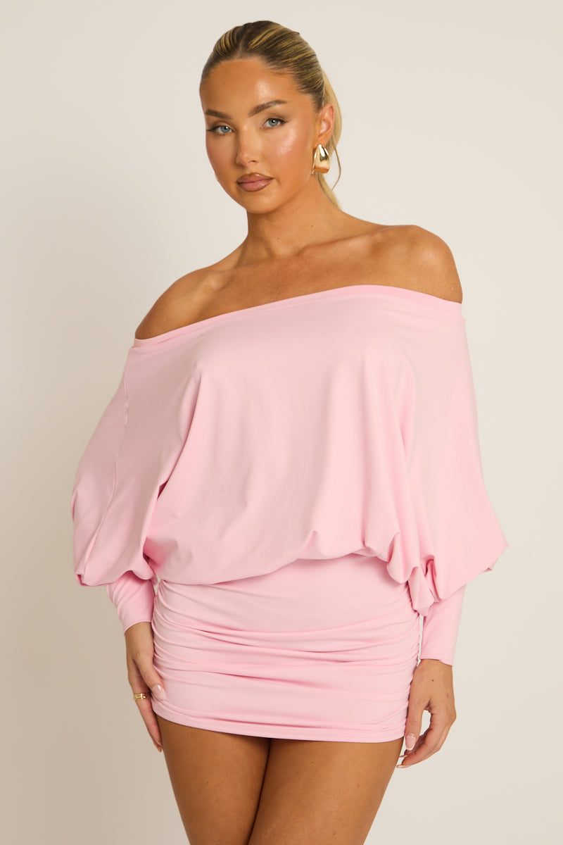Pink Batwing Bardot Mini Dress - Clarice