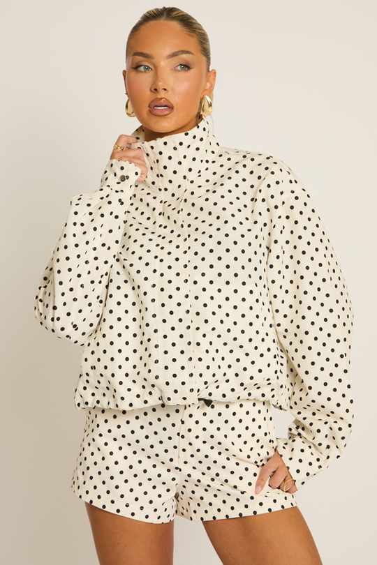 White Polka Dot High Neck Zip Through Jacket - Malvin