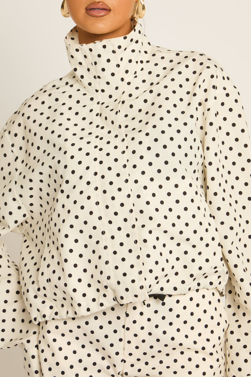 White Polka Dot High Neck Zip Through Jacket - Malvin