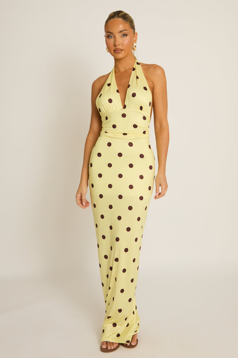 Yellow Polka Dot Halterneck Tie Back Maxi Dress