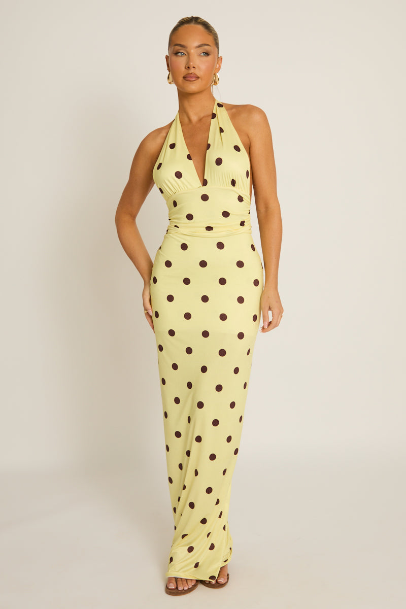 Yellow Polka Dot Halterneck Tie Back Maxi Dress - Amalfie