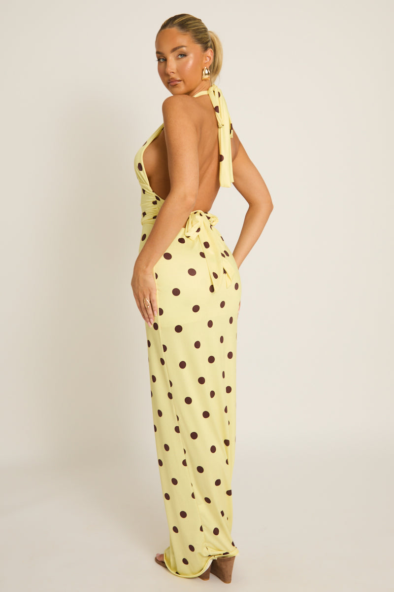 Yellow Polka Dot Halterneck Tie Back Maxi Dress - Amalfie