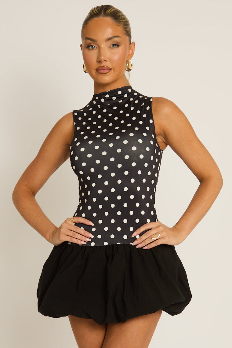 Black Polka Dot High Neck Puffball Mini Dress - Carmelita