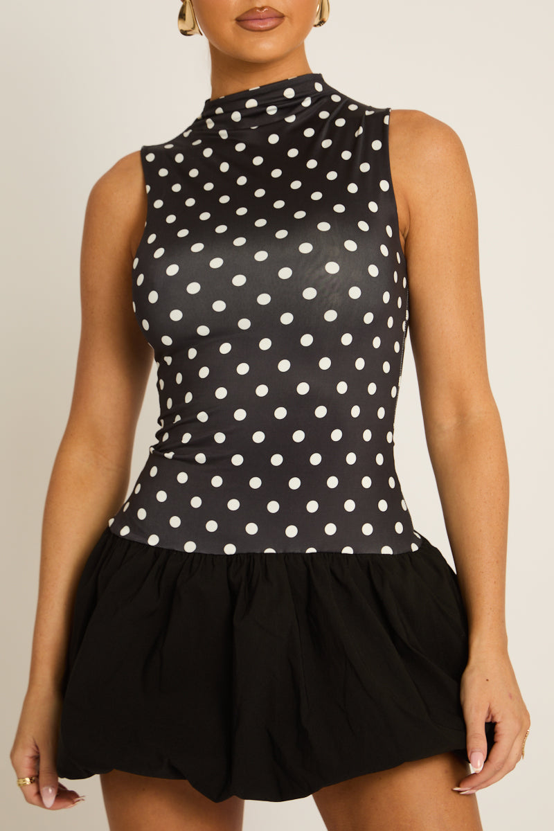 Black Polka Dot High Neck Puffball Mini Dress - Carmelita