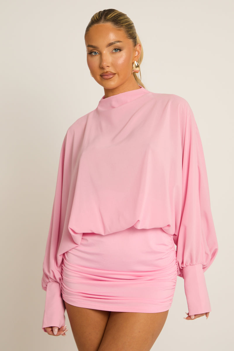 Pink Blouson Long Sleeve Mini Dress - Bryony