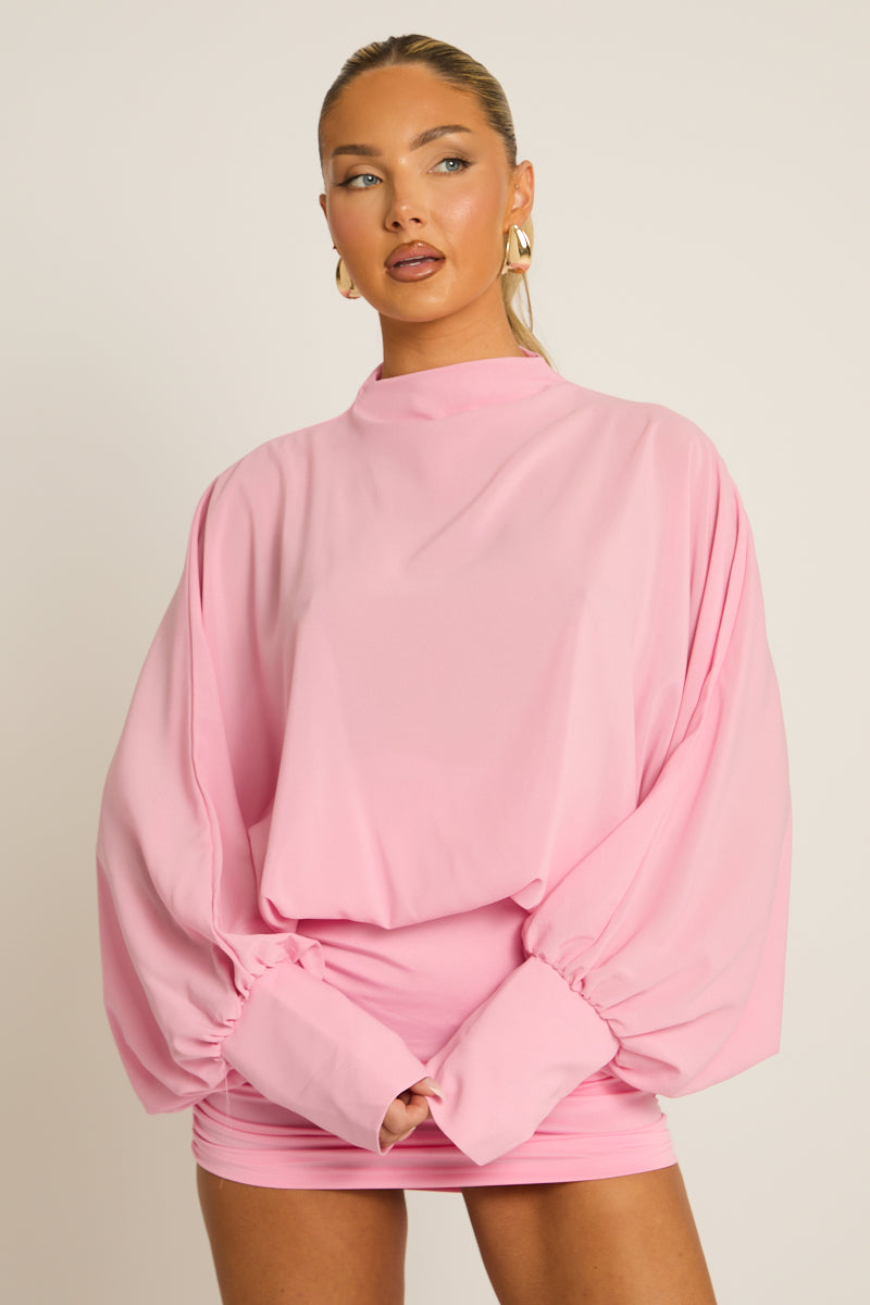 Pink Blouson Long Sleeve Mini Dress - Bryony