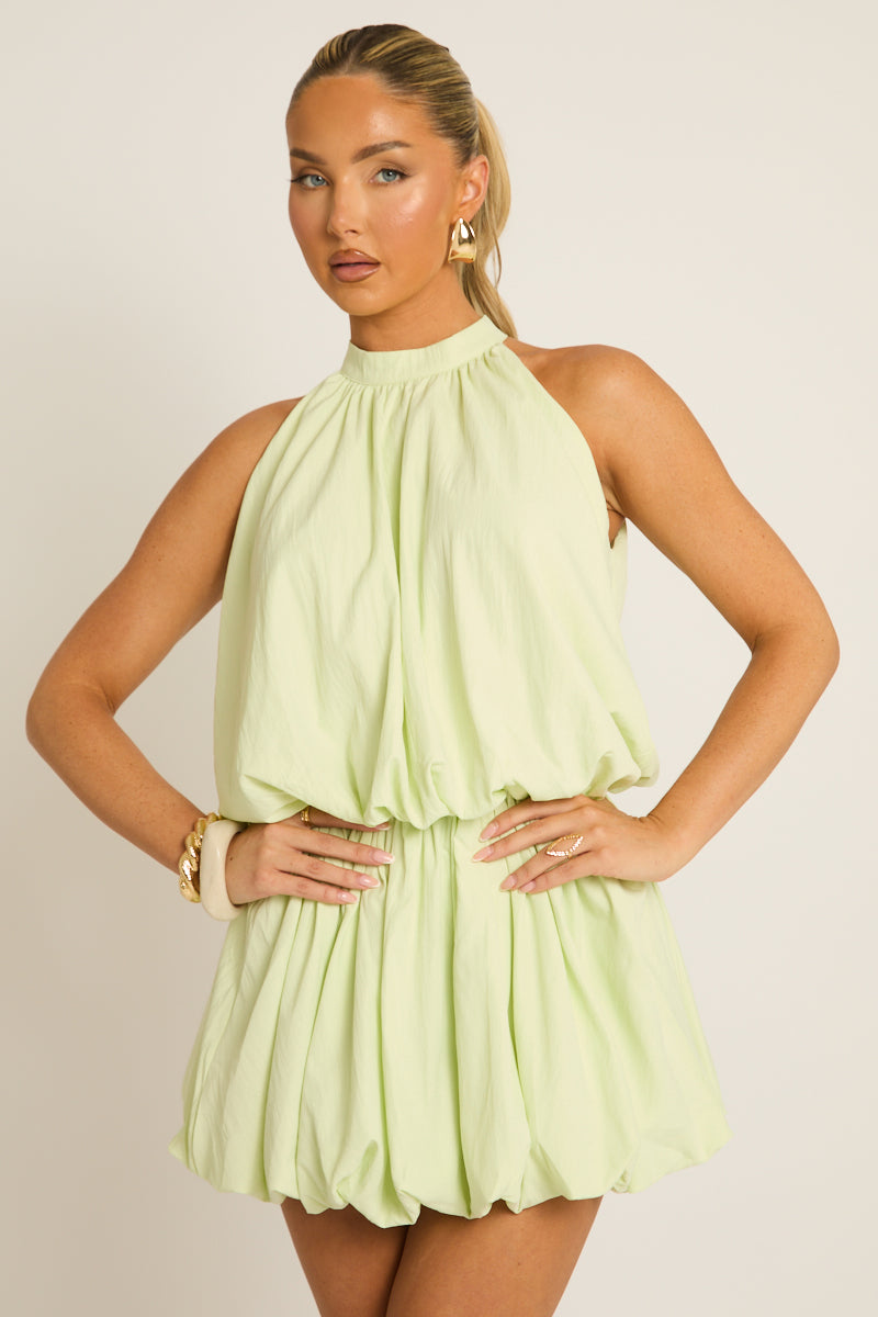 Sage Poplin Puffball Mini Dress - Jolia