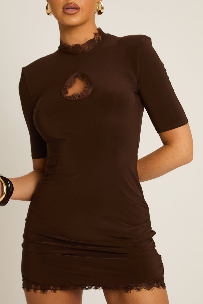 Chocolate Shoulder Pad Lace Trim Mini Dress - Danella