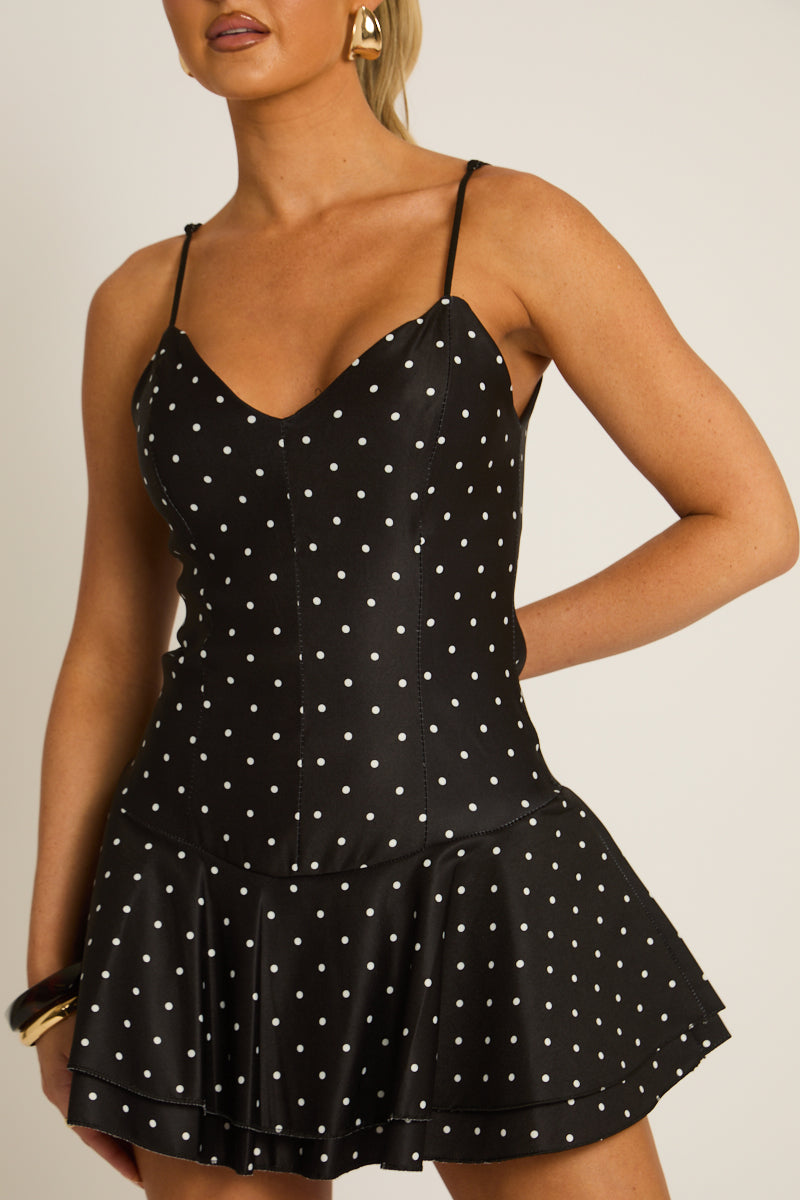 Black Polka Dot Flippy Skort Playsuit - Melanie
